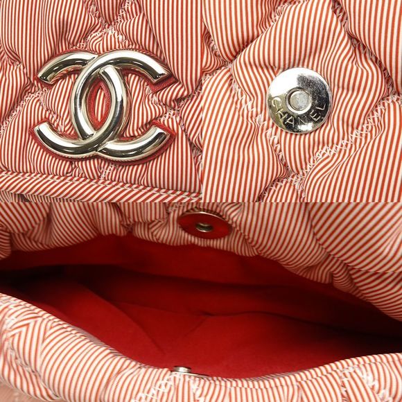 Chanel Bubble Quilt Chain Tote Bag Nylon Canvas Stripe Red - Picture 4 of 7